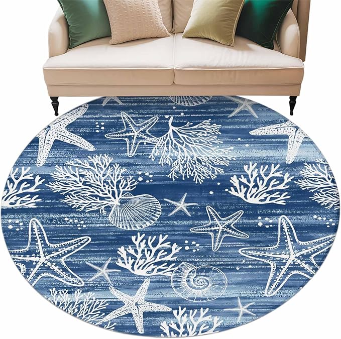 Navy Blue Coastal 6ft Round Rug, Ocean Coral Starfish Non-Skid Rubber Backing Large Area Rugs - Living Room Bedroom Home Office, Summer Beach Indoor Floor Mat Carpets Washable Rug
