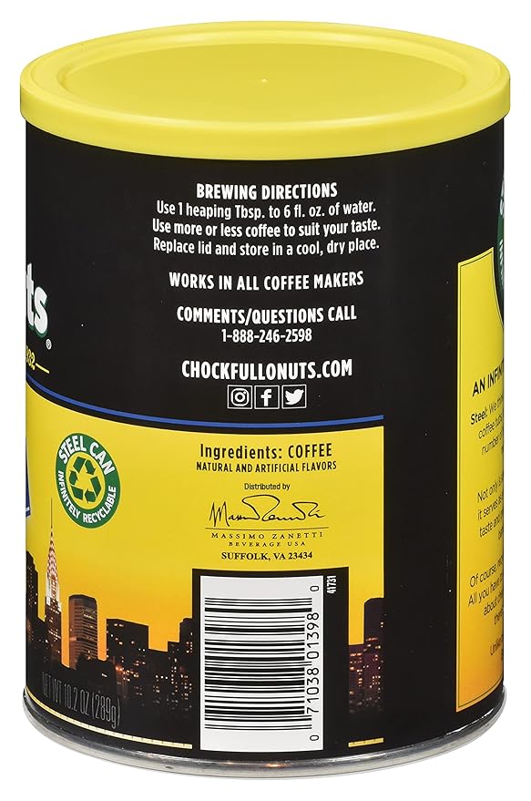 Chock Full o’Nuts French Vanilla Roast, Medium Roast Ground Coffee, Sweet and Delicious with an Inviting Aroma and Rich, Vanilla Flavor (10.2 Oz. Can) (Pack of 2)