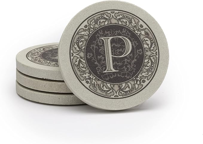 Thirstystone 4-Pack Monogram Letter “P” Sandstone Coasters Manufactured in The USA Decorative, Absorbent, Easily Wipes Clean