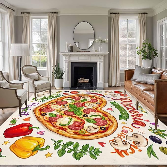 Area Rug 8x10ft, Cartoon Pizza Watercolor Graffiti Washable Rugs for Living Room Bedroom, Farmhouse Vegetable Leaves Soft Non-Slip Area Rugs Rectangle Floor Carpet for Dining Room