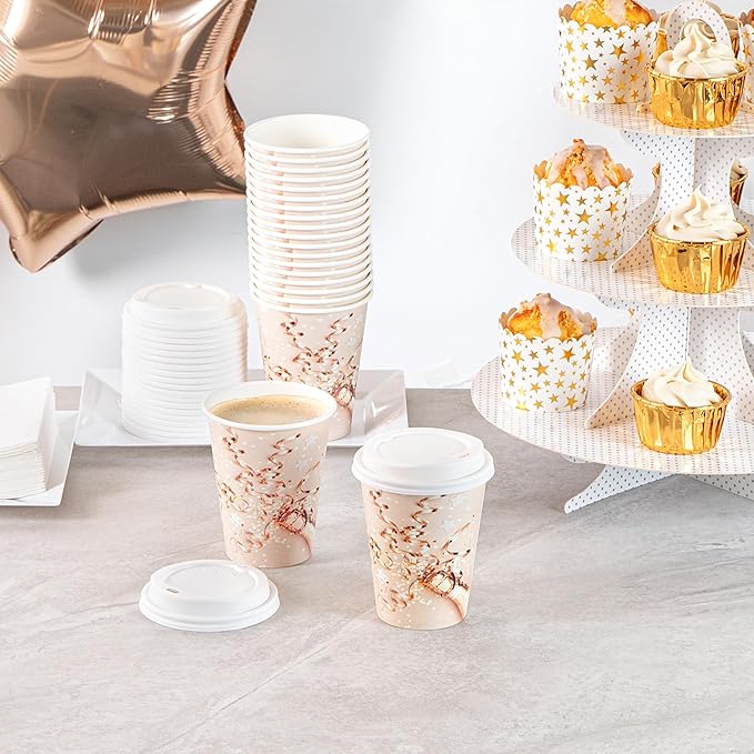 Restaurantware-Restpresso 12 Ounce New Year’s Eve Party Cups, 400 Hot Cups With Plastic Lids - Rolled Rim, Single Wall, Disposable Paper Coffee Cups, Sustainable, Serve Hot And Cold Drinks