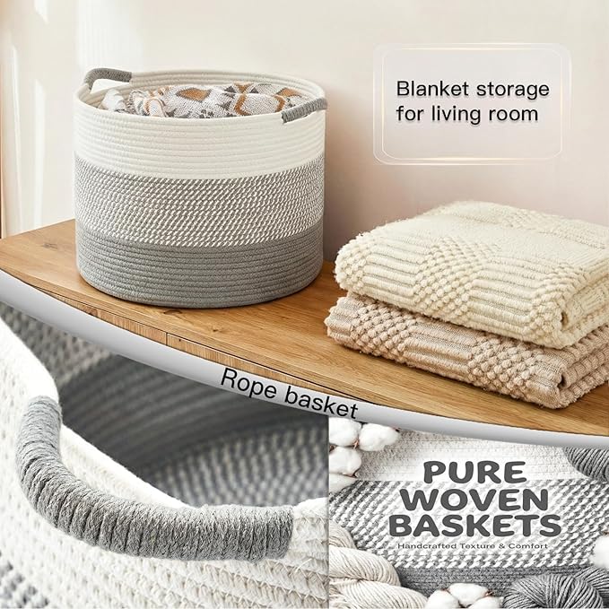 Artfeel 40L Large Cotton Rope Basket, Decorative Woven Blanket Storage for Living Room, Boho Toy Storage & Toy Box for Kids, Versatile Laundry Basket & Nursery Hamper for Blankets(Gery)