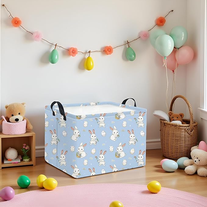 HIYAGON Rectangular Easter Basket for Kids Baby Easter Basket for Boys and Girls Cute Toy Storage Organizer Bin Box Easter Egg Room Decor(Blue Easter)