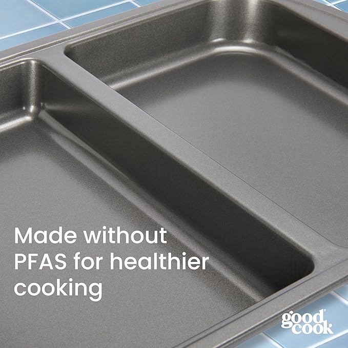 GoodCook Everyday Divided Baking Pan 1.5-Inch Deep 2-Section Non-Stick Scratch-Resistant Carbon Steel Construction for Meal Prepping & Sheet Pan Dinners, 11x15-Inch, Gray