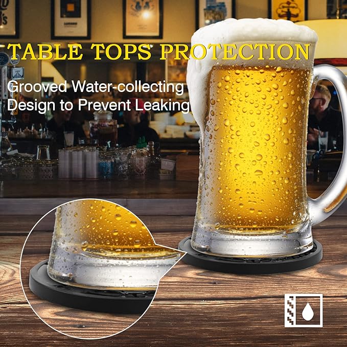 Silicone Coasters for Drinks, Non‑Slip Spill‑Proof Heat Resistant Drink Coasters 2-Piece Set, Reusable Washable Table Protection for Home Decor Kitchen Office, Bar(2Pack,Black)