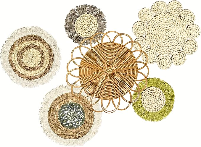 JYSHLCAH 6 Pcs Boho Wall Baskets Decor Rattan Woven Decorations Round Hanging Wall Ornaments for Home Decor