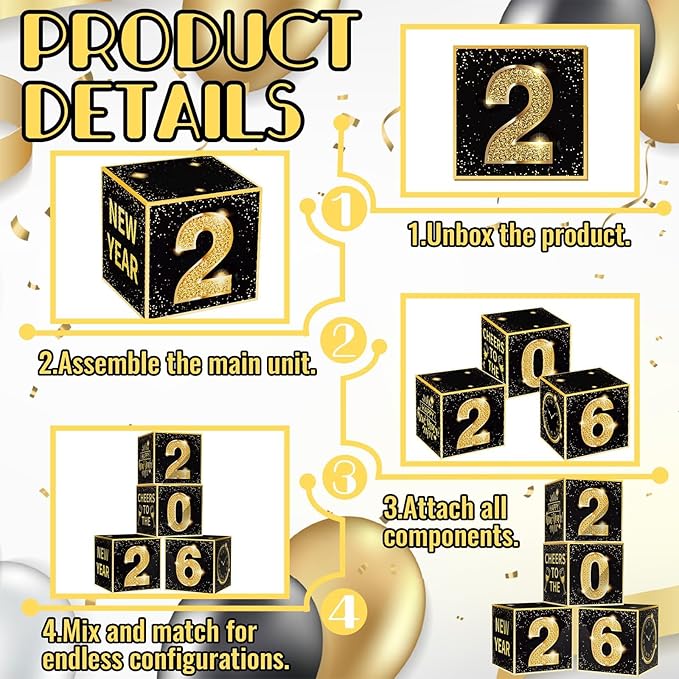 New Years Eve Party Supplies 2026 Balloon Box Kit Gold and Black New Years decorations for 2026 Happy Eve Party Decoration Supplies