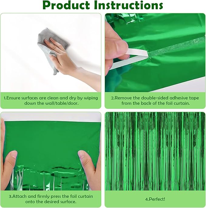 Green Tinsel Backdrop Curtains - 2 Pack Foil Fringe Streamers Photo Backdrop for 2026 World Soccer Cup Party Decorations | Soccer Football Theme Birthday Dinosaur Animal Party Wall Decor