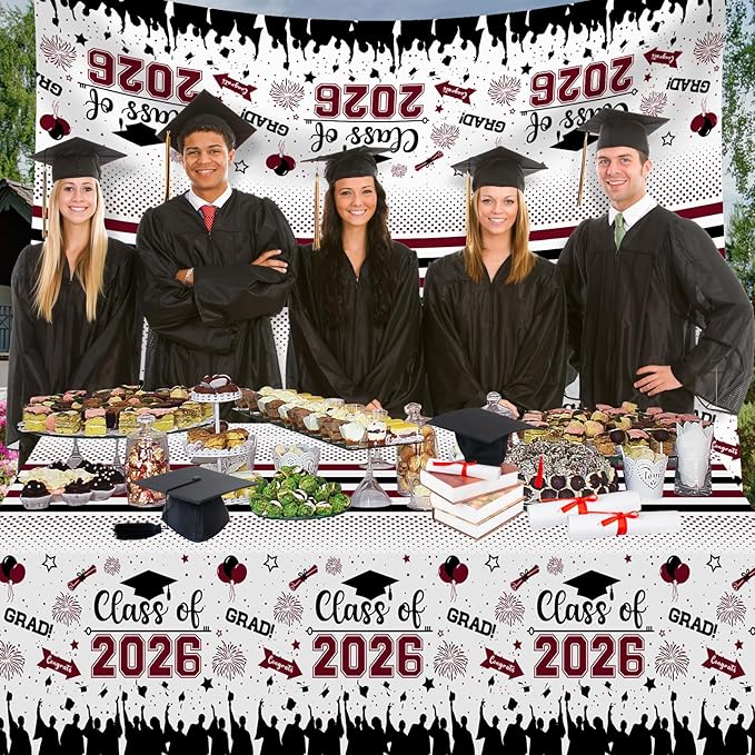 Graduation Decorations Class of 2026 Tablecloth - 3 Pcs Plastic Congrats Grad Table Cloth, Graduations Table Cover for Graduation Party Decorations 2026 and Party Supplies, 54"x108" (Maroon and Black)
