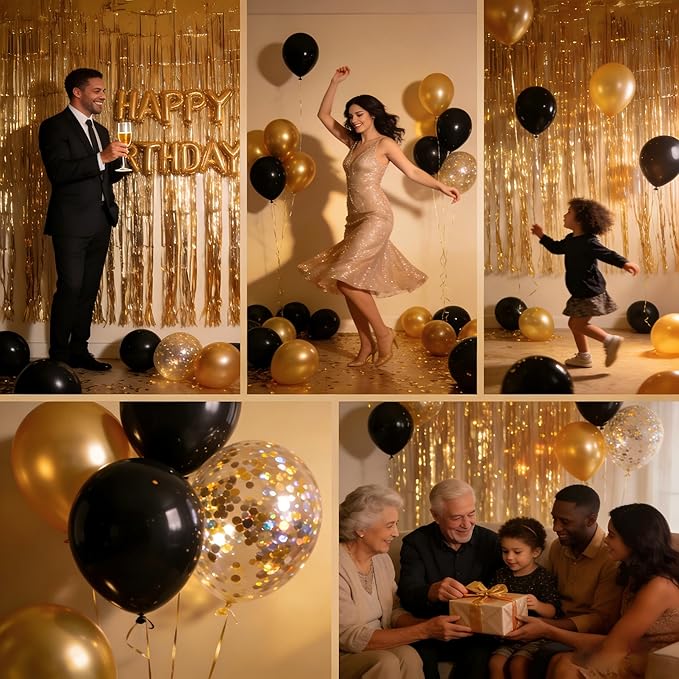 Gold Party Backdrop Kit – 2 Pack Gold Foil “Shower” Curtains with Balloons & Garland Accessories for Birthdays, Festivals, New Year’s Party