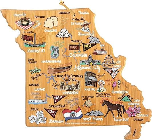 Totally Bamboo Missouri State Shaped Cutting Board and Charcuterie Serving Platter with Artwork by Fish Kiss, Includes Hang Tie for Wall Display