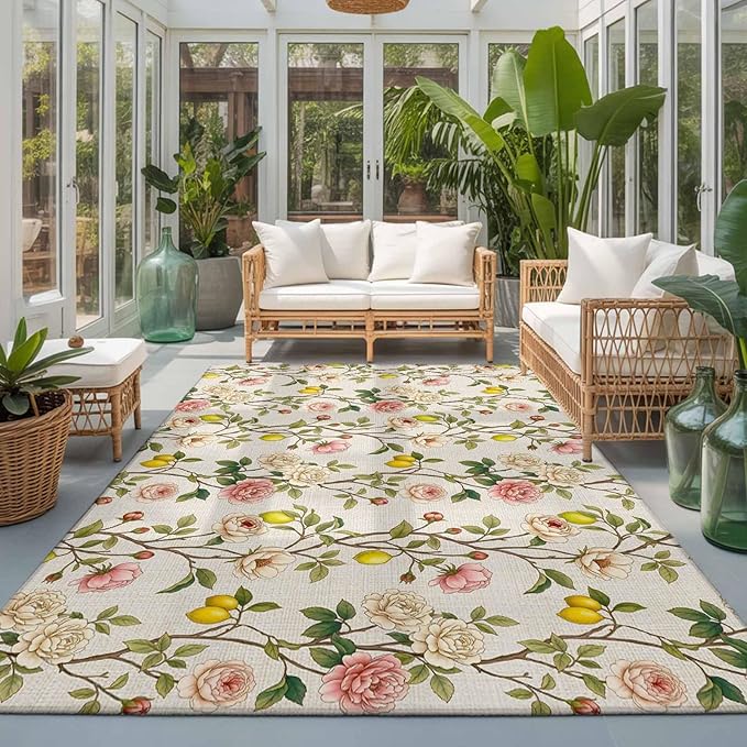 Area Rug 3x5ft, Farmhouse Blossom Flower Leaf Lemon Washable Rugs for Living Room Bedroom, Summer Retro Floral Fruit Soft Non-Slip Area Rugs Rectangle Floor Carpet for Dining Room