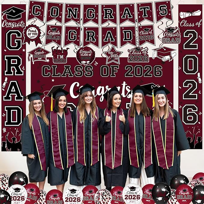Graduation Decorations Class of 2026 - Maroon Graduation Party Supplies Congrats Grad Backdrop & Banner, Hanging Swirls, Porch Sign, Balloons for High School & College Celebrations