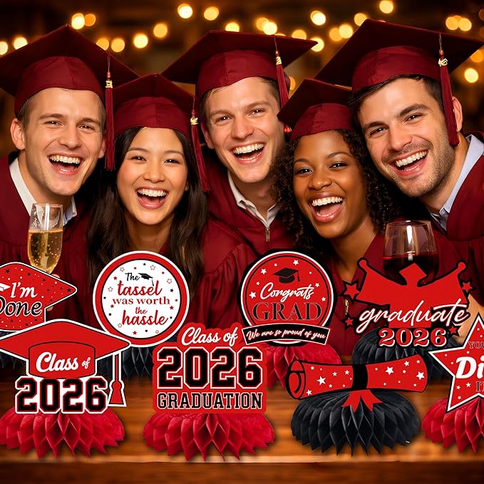Graduation Decorations 2026 - Red Graduation Honeycomb for Table Centerpiece | Graduation Party Decorations Class of 2026,Table Toppers for Graduation Party Favors Supplies Indoor Outdoor