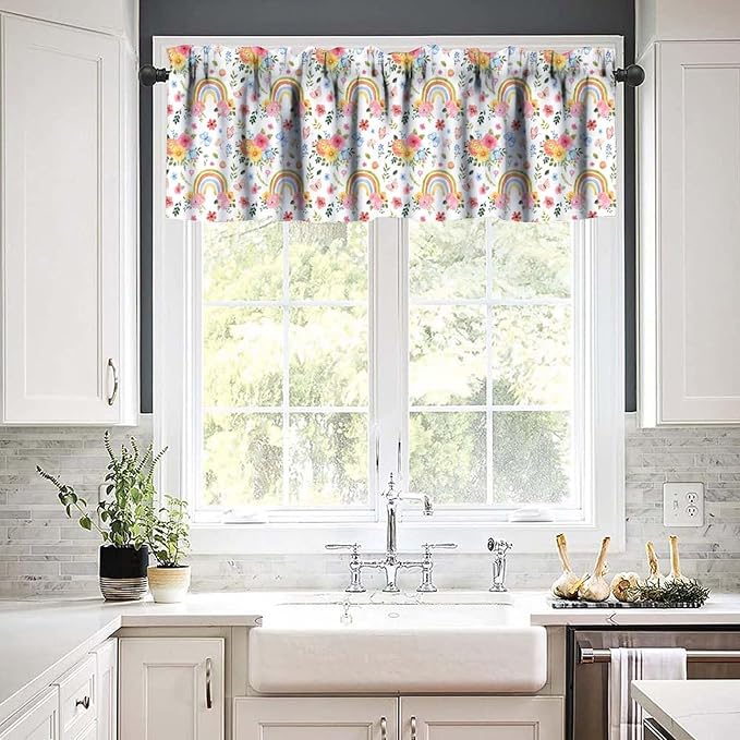Rainbow Floral Valance, Watercolor Boho Rainbow Flowers Butterfly Print Short Window Treatment for Kitchen Dining Room Bedroom Nursery, 54x18Inch