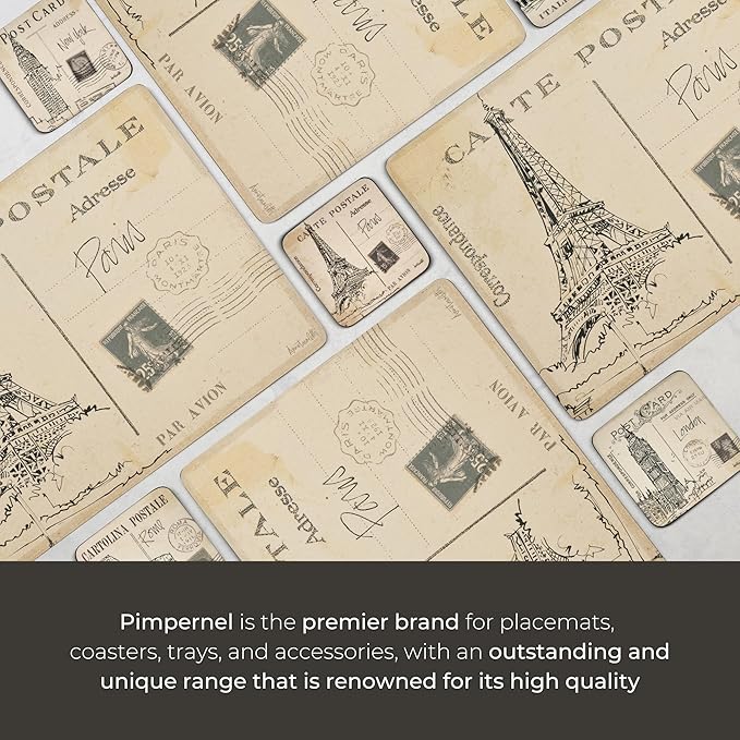 Pimpernel Postcard Sketches Collection Placemats, Set of 4 – (15.7" x 11.7") Cork-Backed Placemats with Classic City Artwork Inspired by Paris, London, Rome & New York, Heat & Stain Resistant Surface