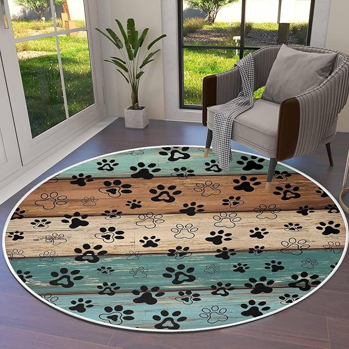 Round Area Rug,Dog Paw Farm Brown Wood Board Circle Living Room Rug Non-Slip Rugs Indoor Carpet,Animal Footprint Retro Wooden Soft Comfort Rugs for Bedroom KidsRoom Nursery
