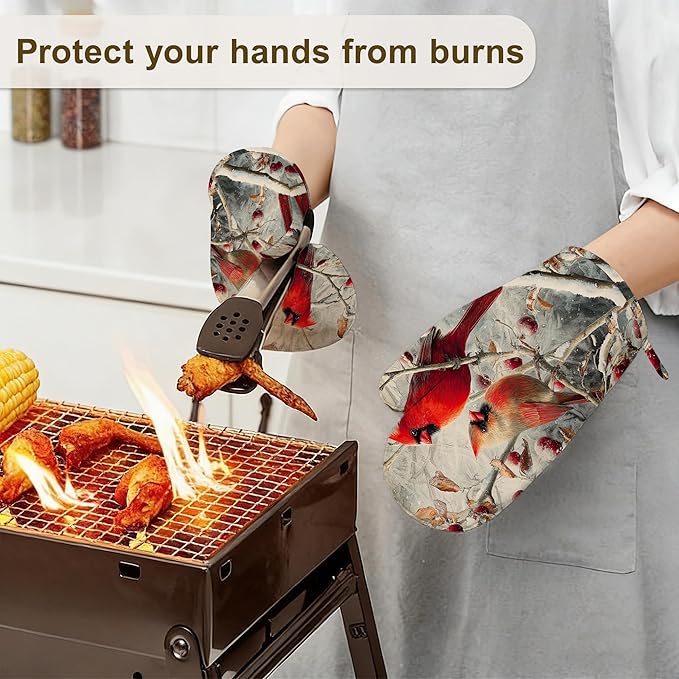 Red Cardinal Birds Winter Oven Mitts and Pot Holders Sets of 4,Heat Resistant Silicone Oven Mitts Gloves Non-Slip Kitchen Mittens Potholders for Cooking Baking Grilling BBQ