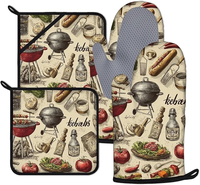 Funny Barbecue Food Grill Oven Mitts and Pot Holders Sets 4Pcs Kabobs Silicone Kitchen Gloves Heat Resistant Potholders for Baking Cooking Grilling BBQ
