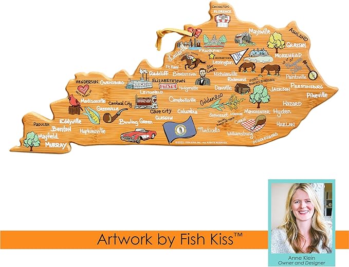 Totally Bamboo Kentucky State Shaped Cutting Board and Charcuterie Serving Platter with Artwork by Fish Kiss, Includes Hang Tie for Wall Display