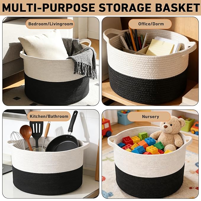 65L Large Blanket Basket,Woven Rope Laundry Basket Hamper with Handles,Decorative Nursery Basket Storage Bin for Toys, Pillows , Clothes Organizer, Living Room, Bedroom, Bathroom, White&Black