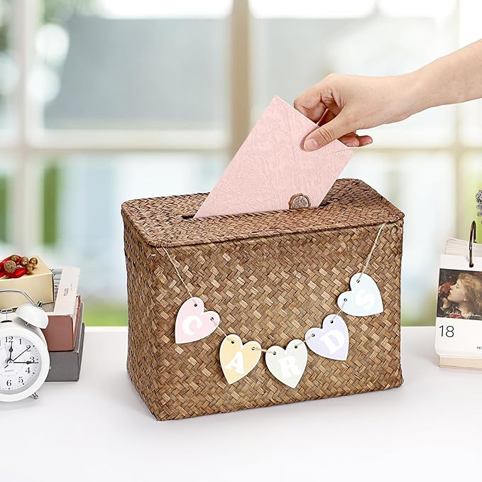 Hipiwe Wedding Card Basket Box Handwoven Wedding Favors Post Boxes with Lid Seagrass Receiving Box Wedding Card Boxes for Birthdays Graduation Ceremonies Party, Coffee Color