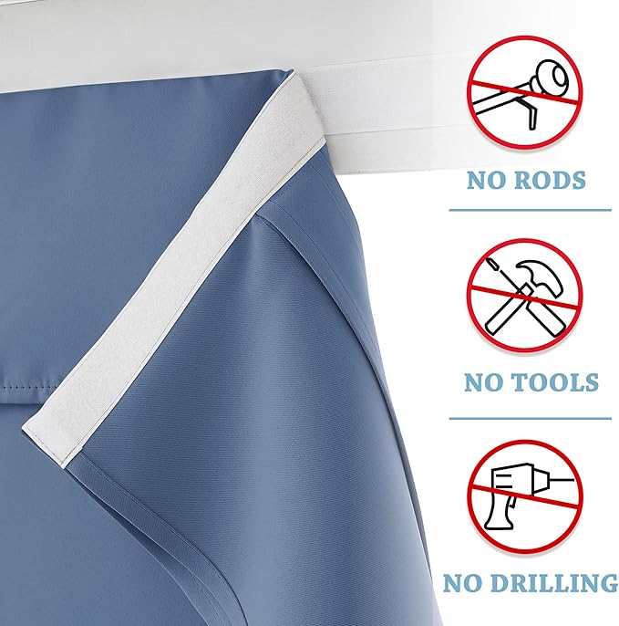 RYB HOME Blackout French Door Curtain - Privacy Thermal Insulated Window Shades for Patio Kitchen Front Entry Back Door Glass Window, Self Adhesive No Drill, 1 Panel, 26" W x 69" L, Stone Blue