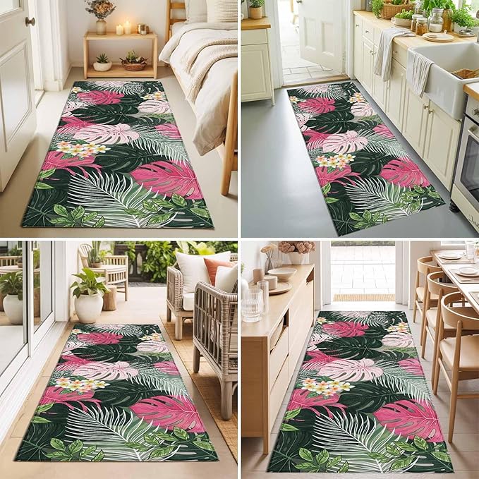 Runner Rug for Bedroom Hallway, Summer Watercolor Pink Green Leaf Kitchen Runner Rugs Area Rug 2x6ft, Tropical Flower Leaves Plant Washable Soft Floor Carpet for Entryway Stair