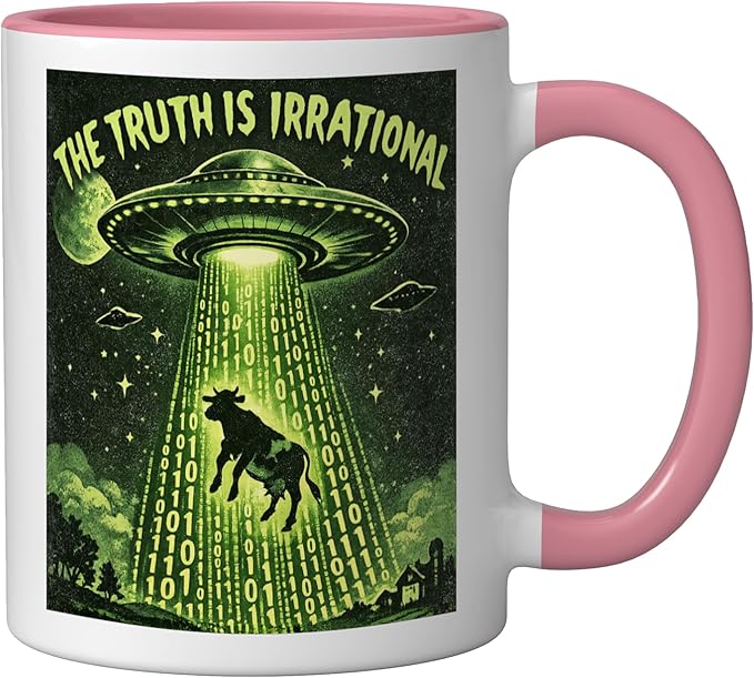 UFO The Truth Is Irrational Cow Abduction 3.14 Math Pi Day Ceramic Mug, Pink/White