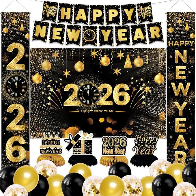 New Years Eve Party Decorations, Happy New Year 2026 Decorations for Party Supplies - Including garland banner, Background Banner, Table Centerpieces, Door/Wall Banner, Balloons