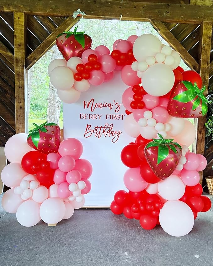 Strawberry Balloons Garland Arch Kit - 153Pcs Different Size Red and Pink Balloons for Girls Sweet One Berry First Birthday Baby Shower Valentine's Day Strawberry Party Decorations