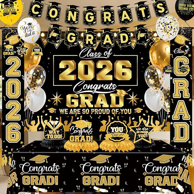 Graduation Decorations 2026 Set - Congrats Grad Banner, Class of 2026 Backdrop, Couplet, Honeycomb,Spiral, Photo Prop Frame Graduation Theme Masks Tablecloth Balloons Kit for Grad Party Decorations