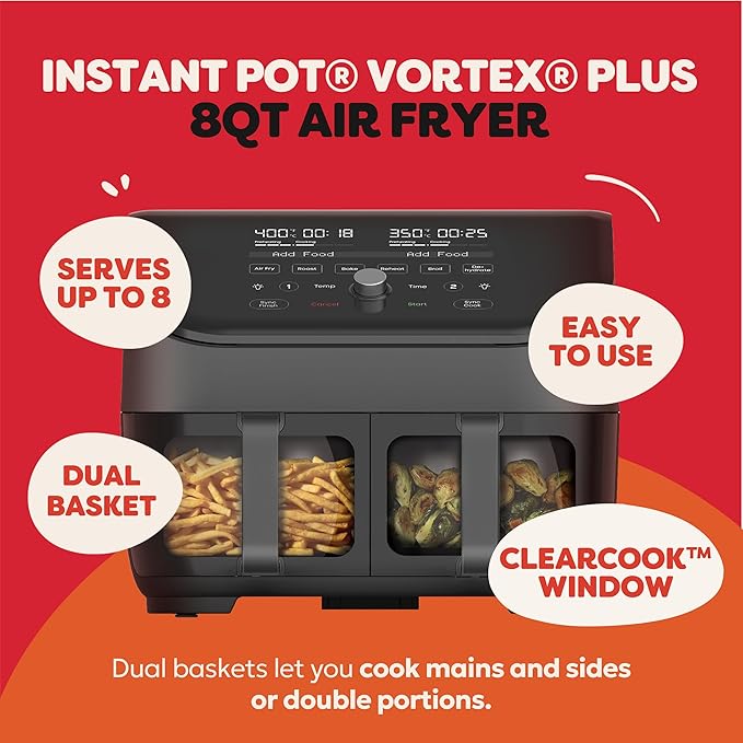Instant Pot Vortex Plus XL 8QT ClearCook Air Fryer, Clear Windows, Custom Programming, 8-in-1 Functions that Crisps, Broils, Roasts, Dehydrates, Bakes, Reheats, from the Makers of Instant Pot, Black