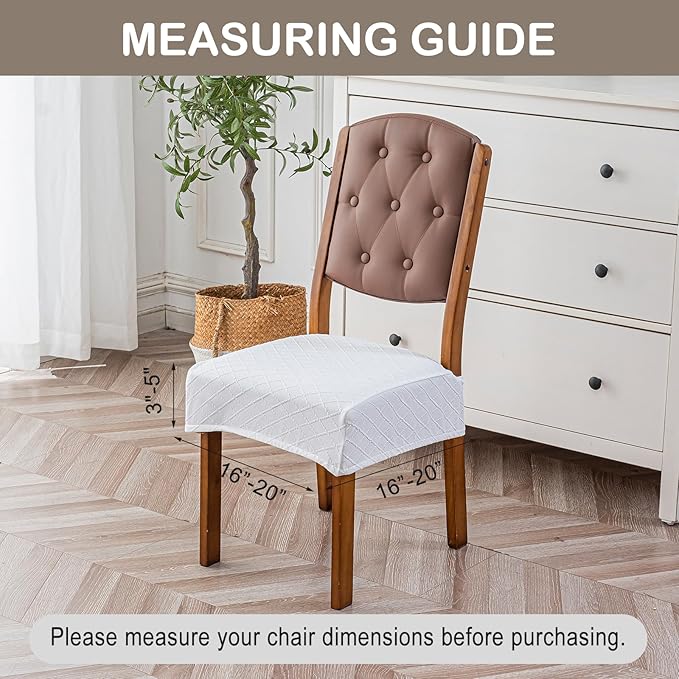 Genina Waterproof Seat Covers for Chairs,Set of 2 Dining Room Chair Seat Covers for Kitchen,Stretch Jacquard Removable Washable Dining Chair Slipcovers Protectors with Rear Covers, White