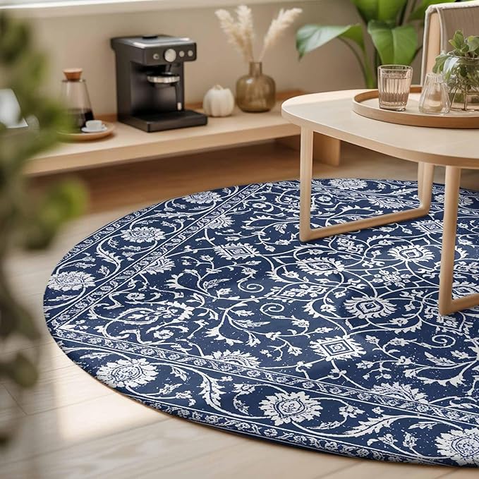 Washable Round Area Rug Navy Blue Paisley Floral Texture Circle Rugs Floor Carpet for Living Room Bedroom, Vintage Tribe Flower Soft Non Slip Round Rug 3ft