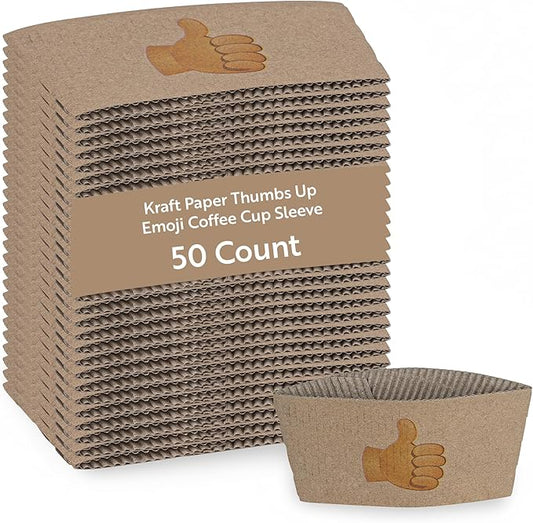 Restaurantware Coffee Sleeves Pack of 50 Corrugated Kraft Paper Coffee Cup Sleeves Fit for 12,16, 20-Ounce Hot Beverages Drinkwares Secure Grip Disposable with Thumbs Up Emoji For Cafes And Take Out