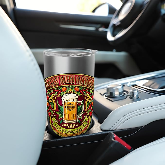 Spicy Fuego Cerveza Chili Texas Drinking Vintage Beer Label Stainless Steel Insulated Tumbler