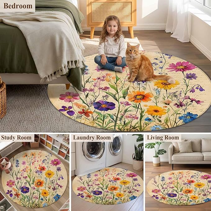 Washable Round Area Rug Farmhouse Colorful Small Flower Circle Rugs Floor Carpet for Living Room Bedroom, Retro Backdrop Seamless Soft Non Slip Round Rug 3ft
