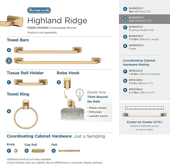 Amerock BH36014CZ | Champagne Bronze Towel Bar | 24 in (610 mm) Towel Rack | Highland Ridge | Bathroom Towel Holder | Bathroom Hardware | Bath Accessories