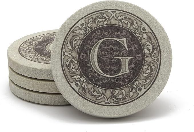 Thirstystone Monogram Coasters, All Natural Stone with Non-Slip Cork Backing, Drink Absorbent & Protects Table, Great for Gifts, Letter G (Set of 4)