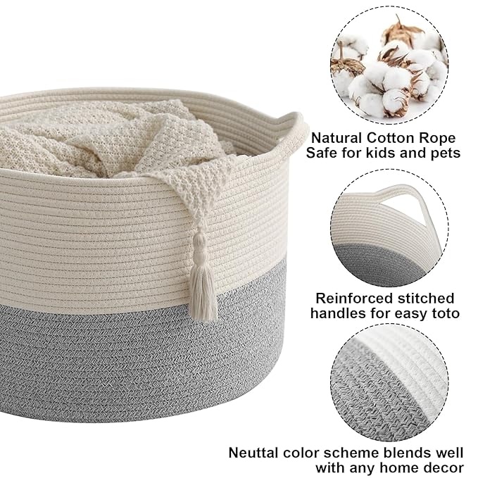90L Extra Large Blanket Basket,Woven Rope Laundry Basket Hamper with Handles, Decorative Nursery Basket Storage Bin for Toys, Clothes Organizer, Living Room, Bedroom, Bathroom, White&Grey