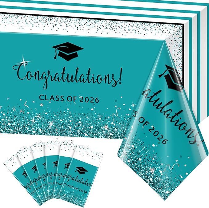6 Pack Class of 2026 Graduation Tablecloths,Foil Dot Plastic Disposable Rectangle Table Covers for 2026 High School University College Graduation Party Decorations,108*54 Inch (Teal and Black)