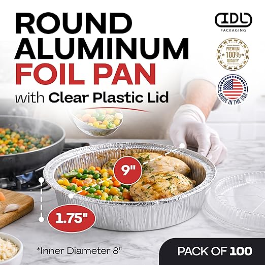 IDL Packaging 9" Round Aluminum Foil Pans with Dome Lids (Pack of 100) - Disposable Aluminum Container with Clear Plastic Lids - Great for Baking, Cooking, Serving