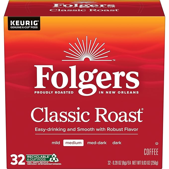 Folgers Classic Roast Coffee, Medium Roast, K Cup Pods for Keurig Coffee Makers, 32Count