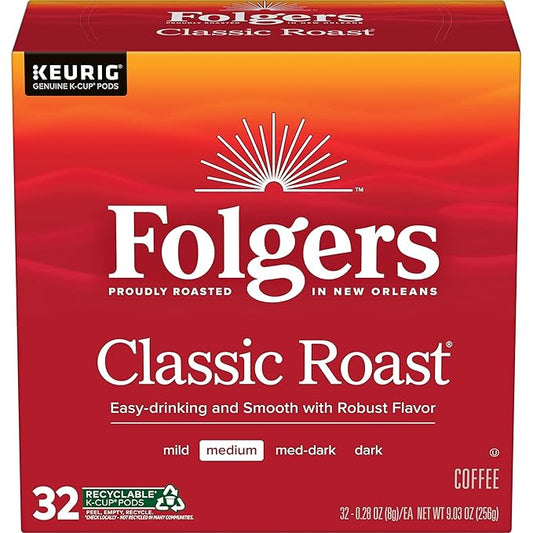 Folgers Classic Roast Coffee, Medium Roast, K Cup Pods for Keurig Coffee Makers, 32Count