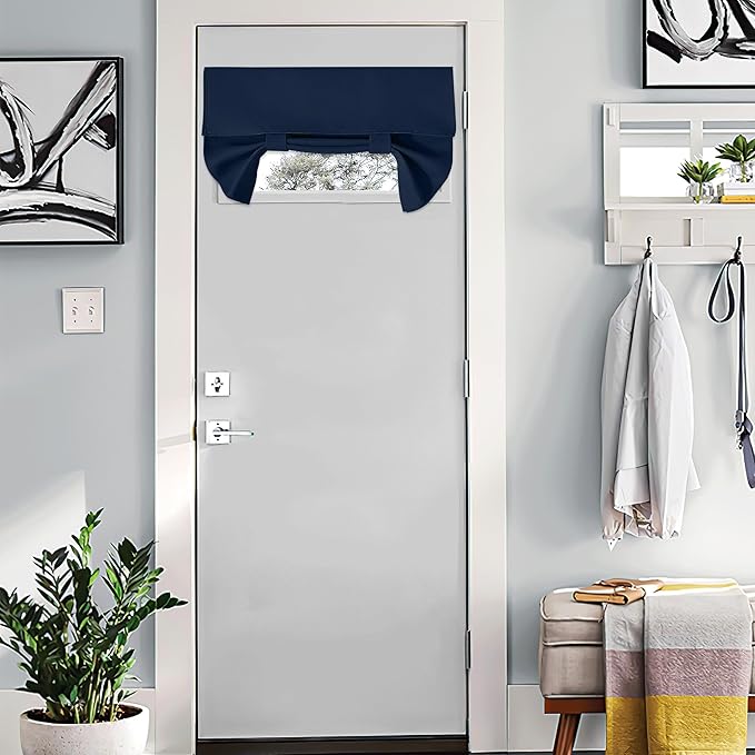 NICETOWN Navy Blue Door Curtains for Bathroom Window Thermal Insulated French Door Shade for Small Window Short Curtain Valance for Basement Kitchen Cupboard Cabinet, 26 x 18 Inch, 1 PC