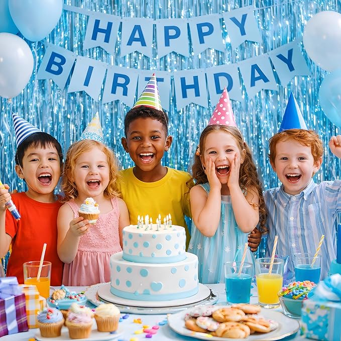Blue Birthday Decorations - Blue Tinsel Streamers Backdrop Banner | Summer Party Favors Supplies Indoor Outdoor - Pool Party Decor for Beach Wedding Graduation Baby Shower,2 Pack