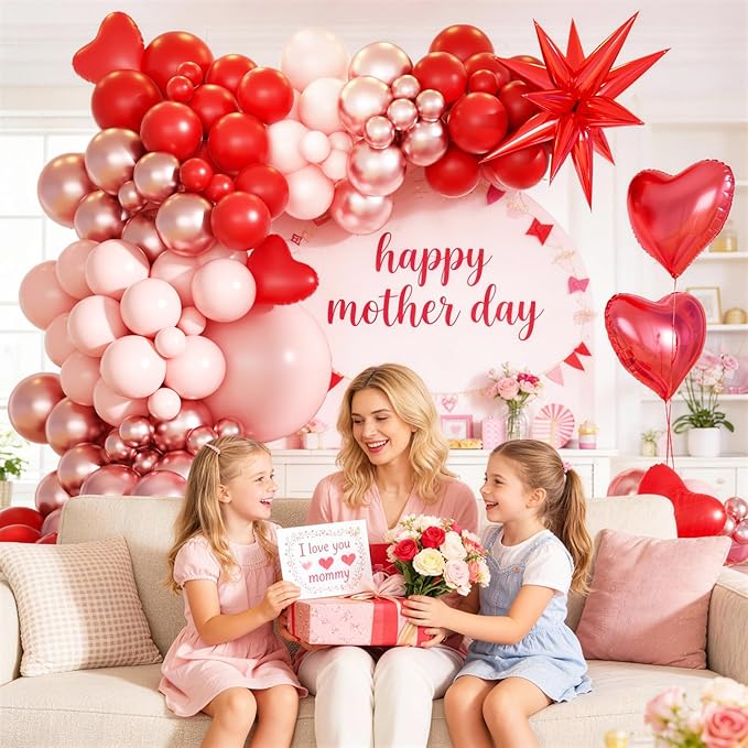 KARLURE Mothers Day Balloon Arch Kit for Mothers Day Decorations, Pink Red Rose Gold Balloons Heart Balloons for Happy Mothers Day Baby Shower Bridal Shower Wedding Birthday Party Decorations