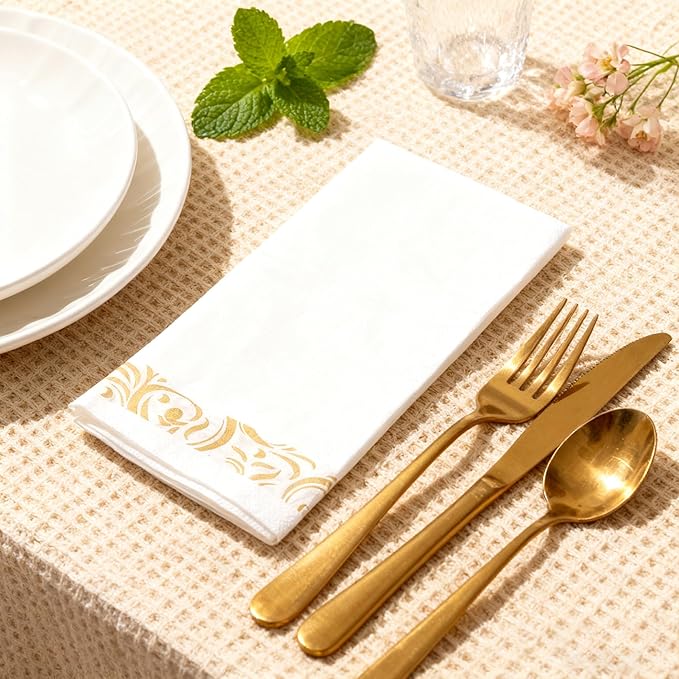 Paper Napkins Disposable Decorative Paper Hand Towels for Bathroom Dinner Napkins Soft Absorbent Bathroom Napkins Guest for Wedding Kitchen Party Birthday Thanksgiving Events, Gold and White, 50 Pack
