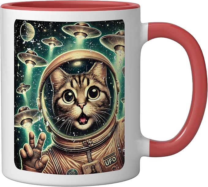 Space Cat Astronaut UFO Funny Sci-fi Alien Selfie Ceramic Mug, Red/White